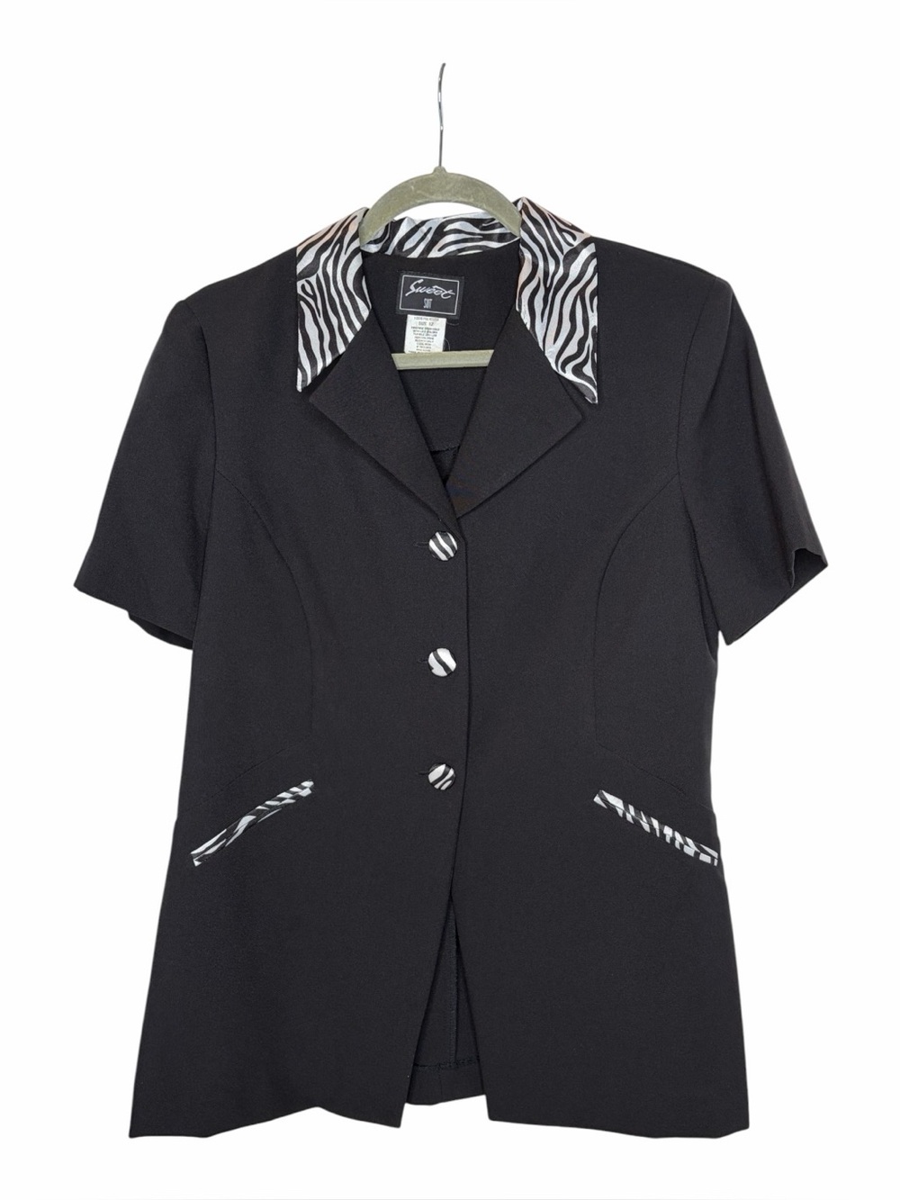 Sweet Suit Y2K 90s Zebra Trim Short Sleeve Black Blazer Sz 12